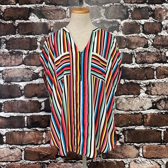 Torrid Top Blouse Quarter Zip Short Sleeves Colorful Stripes Pink Blue Size 12 - Picture 3 of 12